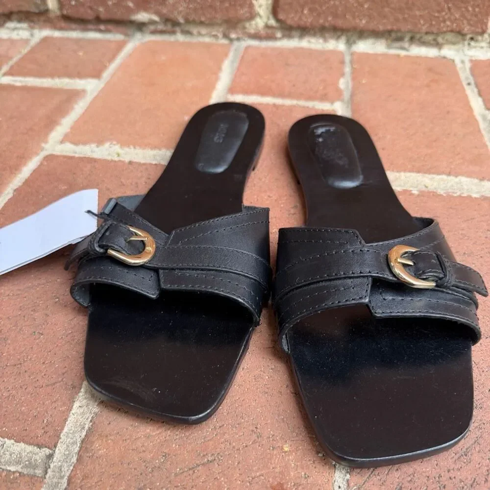 MNG by Mango Women's Buckle Leather Sandals Open Toe Black Size 39 NEW